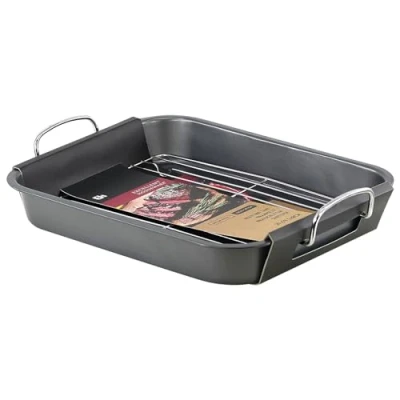 Image of Non Stick Roasting Tin Dish Tray Deep Carbon Steel Pan with Rack Oven Safe Baking