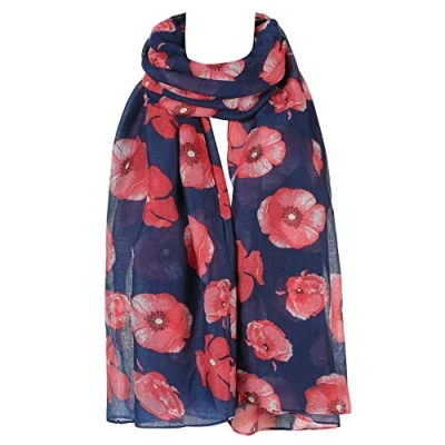Image of London Scarfs Ladies Scarves Poppy Flower Print Design Neck Wrap Shawl for Women s (Navy)