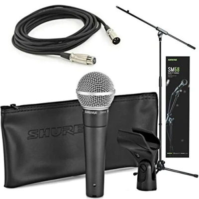 Image of Shure SM58 Quality Bundle with Cardioid Dynamic Vocal Microphone, 15&#039; XLR Cable, Mic Stand, A25D Clip and Storage Bag, Perfect for Onstage or Studio (SM58 KM SOM)