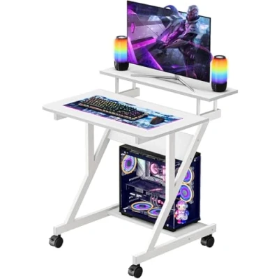 Image of Dripex Computer Desk with Monitor Shelf Mobile Z Shaped Home Office Storage Shelves and Movable Wheels for Small Spaces, Compact Corner Space Saving, White