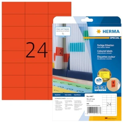 Image of HERMA Self Adhesive Coloured Labels, 24 Labels per A4 Sheet, 20 Sheets, 70 x 37 mm, 480 Blank Removable Colour Stickers, Sticky for Laser &amp; Inkjet Printer, Red