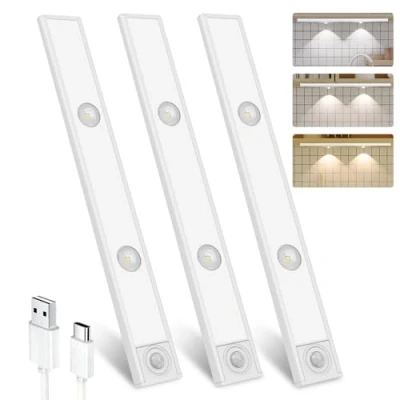Image of Under Cupboard Kitchen Lights, 3 Pack 30 cm Modes Motion Sensor Cabinet Lights,2000mAh USB C Rechargeable Dimmable Wardrobe Light,3 Color Temps Closet Light for Stairs Hallway