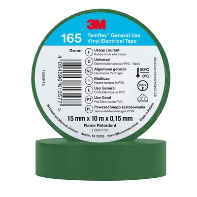 Image of 3M Temflex™ 165 165GR1E Electrical Tape Green (L x W) 10 m 15 mm