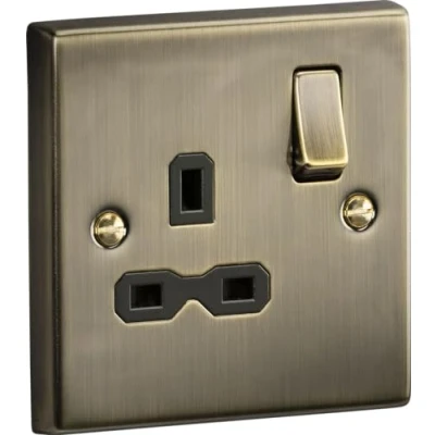 Image of KnightsBridge 13A 1G DP Switched Socket with Black Insert Square Edge Antique Brass