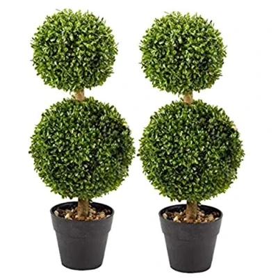 Image of Garden Mile Topiary Tree Ball Boxwood Ornaments Faux Plants Double Duo Bobble Plant Pots Fake Artistic Round Cut Artificial Indoor Bush Doorway Porch (Pack of 2)