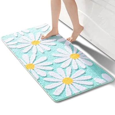 Image of QJHOMO green Bathroom Rug Cute Daisy Bath Mat Non Slip Washable White and Yellow Flower Soft Microfibre Shower Absorbent 60 x 120 cm (DEJHCX 004)
