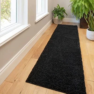 Image of Black Super Soft Shaggy Shag Hallway Carpet Runner Rug Thick Pile Easy Clean Non Shedding Contemporary Living Room Floor Bedroom Lounge Rugs 60cm x 230cm