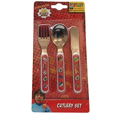Image of Ryans World 3 Piece Cutlery Set Metal, Reusable Children&#039;s Knife, Fork &amp; Spoon, Kids Size, Made from Food Safe Stainless Steel ABS Plastic Red Titan, Gus and Combo Panda for 12 Months Up