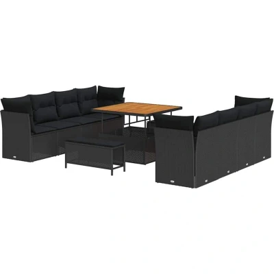 Image of vidaXL 11 Piece Garden Sofa Set with Cushions Black Poly Rattan Acacia