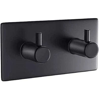 Image of Double Black Towel Holder,Matt Finish,Coat,Robe,Self Adhesive,Sticky Hooks,Stainless Steel,Stick on,3M,Back of Door Hook,Wall,Hanging,Bathroom,Tea Towels,Metal Hooks,Towel Hooks