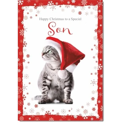 Image of doodlecards Son Christmas Card Kitten in a Santa Hat Medium Size for with Plain Envelope