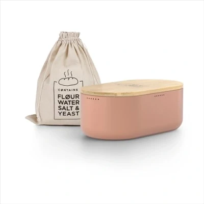 Image of LARS NYSØM Bread box I Metal with linen bag for long lasting freshness bamboo lid usable as cutting board 14.2x7.5x5.1 In (Blush Rose)