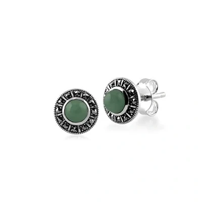 Image of Art Deco Style Round Green Jade &amp; Marcasite Halo Stud Earrings in 925 Sterling Silver
