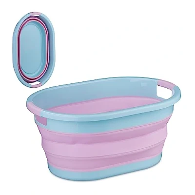 Image of Relaxdays Folding Laundry Basket, 22 litres, Plastic Tub, Clothing, Collapsible Washing Storage, with Handles, Pink/Blue, 24 x 53 38 cm