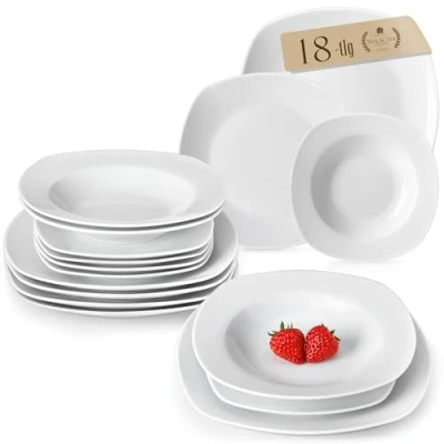 Image of MALACASA Dinner Sets for 6 People, 18 Piece Ivory White Porcelain Plates and Bowls Set Dinnerware with Plate/Soup Plate/Dessert Plate, Series Elisa