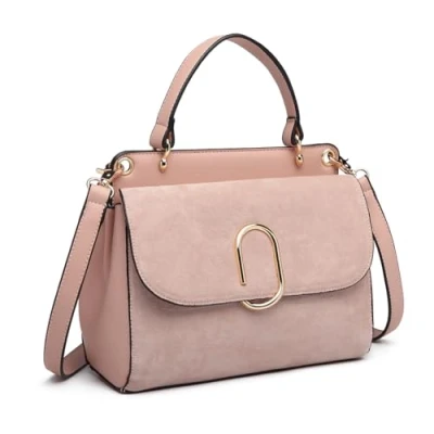 Image of Miss Lulu Ladies Shoulder Bag Medium Top handle with Faux Leather and Suede Vintage Flap Handbag/Crossbody Oval Metal Decoration Elegant Exquisite