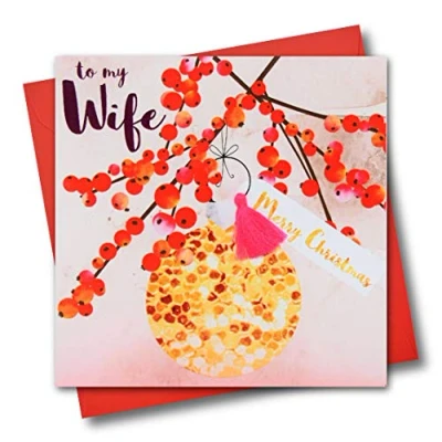 Image of Christmas Card, Berries and Bauble, To my wife, Tassel Embellished