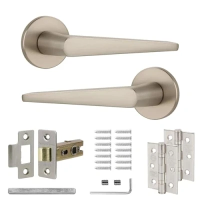 Image of Decoranddecor Satin Nickel Door Handles Internal Aluminium Silver Sets for Wooden Interior Doors with Mortice Latch and Hinge Terra Range