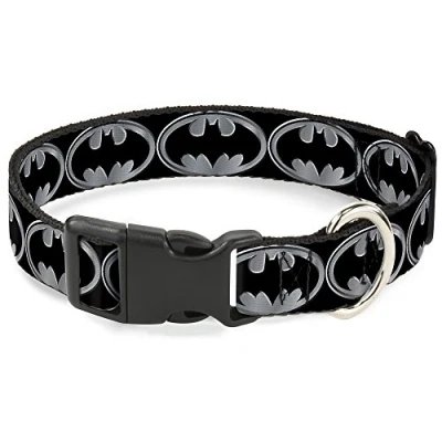 Image of Buckle Down Batman Shield Black/Silver Plastic Clip Collar, Narrow Medium/7 13&quot;