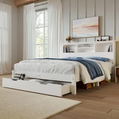 Image of I0I&amp;I0I White Wooden Storage Bed Frame Underbed Drawer, Shelves 4FT6 Double Quality Pinewood &amp; MDF (135 x 190 cm)