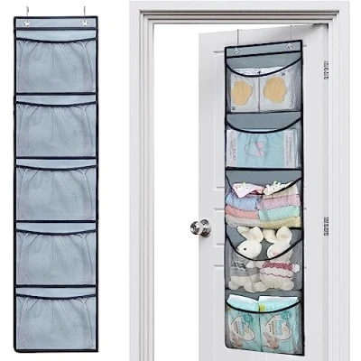 Image of Baoswi 2 Pack Over The Door Organiser Storage for Closet with 5 Large Pockets Hanging Shelves Bedroom Bathroom (Grey)