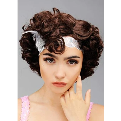 Image of Womens 1920s Flapper Girl Fancy Dress Curly Brown Wig
