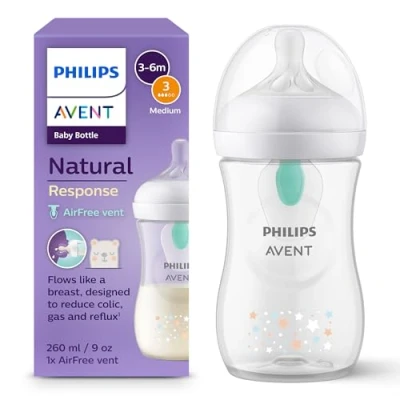 Image of Philips Avent Natural Response Baby Bottle 260ml Milk with AirFree Vent, BPA Free for Newborn Babies Aged 1 Months+, Bear Pattern (Model SCY673/82)