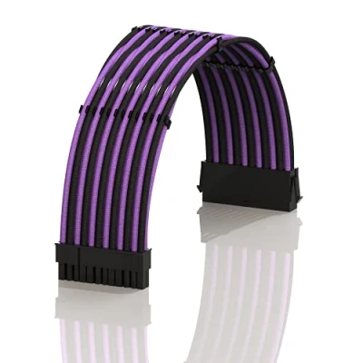 Image of LINKUP AVA 30cm ATX 24 Pin (20+4) Motherboard PSU Braided Sleeved Power Supply Extension Cable w/Combs┃Strong &amp; Stiff Design┃Single Pack┃300mm PurpleBlack