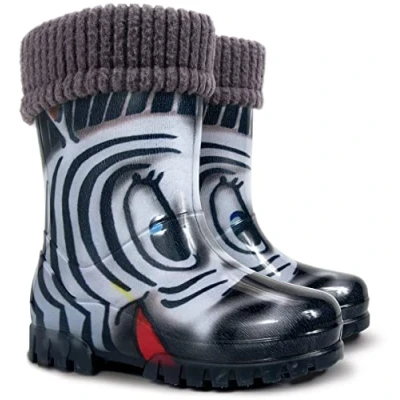 Image of Demar Kids Boys Girls Wellies Rain Boots Warm Fleece Lined Light Unisex Children Wellington 13 UK Child /1 (label 32/33) Black Zebra