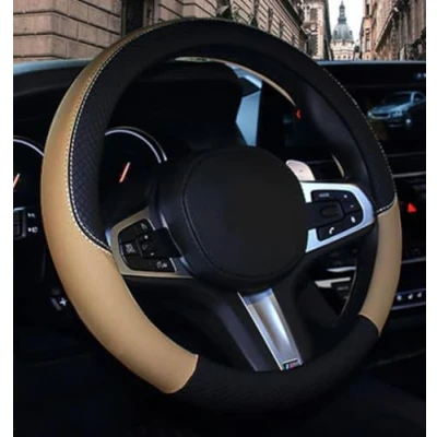 Image of Microfibre Leather Steering Wheel Cover Wavy Line Splice X Stitch Beige