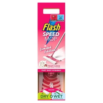 Image of Flash Speed Mop Pink Starter Kit, All In One Floor Mopping System (4 Wet + 4 Dry Pads), Mop, Refill Pads