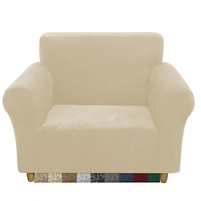 Image of CMAKER Velvet Sofa Covers Couch Cover 1 Seater Stretch with Non Slip Elastic Bottom Furniture Protector Slipcovers for Pets(1 Seater,Cream)