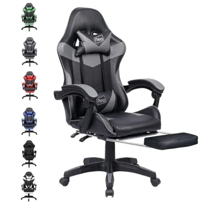 Image of Neo Executive PU Leather Massage Sport Racing Gaming Home Office Computer Chair Lumbar Back Support Footrest (Grey)