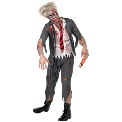 Image of Smiffys High School Horror Zombie Schoolgirl Costume, Grey with Jacket, Attached Shirt, Tie &amp; Skirt, Halloween Alley Fancy Dress, Dress Up Costumes