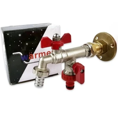 Image of Wärmer System Double Outlet Outside Tap with Through The Wall Wallplate Flange Adaptor, 1/2 x3/4 Garden Butterfly Handle Mounted