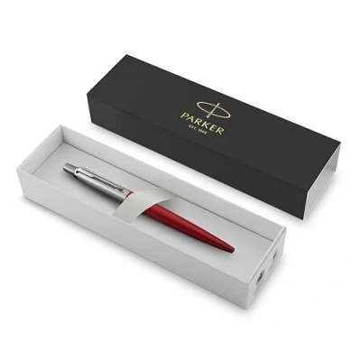 Image of PARKER Jotter Premium Stainless Steel Ballpoint Pen Kensington Red Lacquer Medium Point Black Ink Gift Boxed
