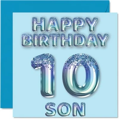 Image of 10th Birthday Card for Son Blue Glitter Party Balloons Happy Cards 10 Year Old from Mum Dad Parents, 145mm x Bday Greeting Gift