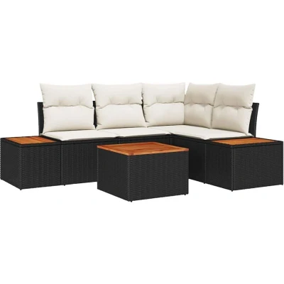 Image of vidaXL 5 Piece Garden Sofa Set with Cushions Black Poly Rattan