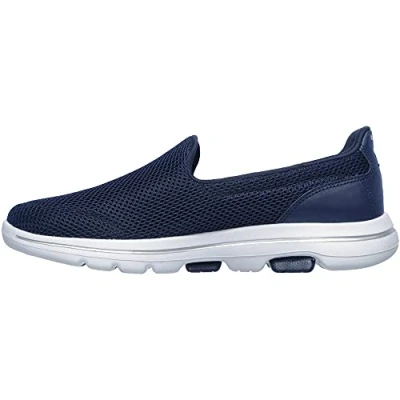 Image of Skechers Women&#039;s GO Walk 5 Slip On Trainers, Navy Textile White Trim, 2 UK