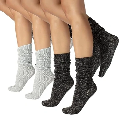 Image of CALZITALY PACK 4 PAIRS Non Elastic Band Socks, Shiny Opaque Knee High Ribbed Socks Green, Blue, Black, Grey 60 DEN Made in Italy (One Size, LUREX ASSC)