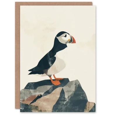 Image of Artery8 Cute Puffin Bird on Rock Bright Graphic Design Blank For Him Or Her Art Birthday Card