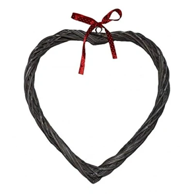 Image of Red Hamper Wicker Slim Heart Wreath with Spotty Ribbon, H27 x W2 D26.5cm