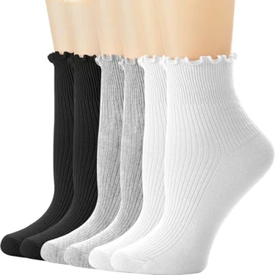 Image of DRESHOW Women Ruffle Frilly Socks Casual Ankle Breathable Cotton Crew Knit for 6 Pack