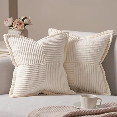 Image of Topfinel Cushion Covers 20x20 inches Large Sofa Cushions Cream Decor Pillows Autumn Soft Corduroy Cover 50cm x Set of 2 Fluffy Throw Pillowcases for Bed Livingroom