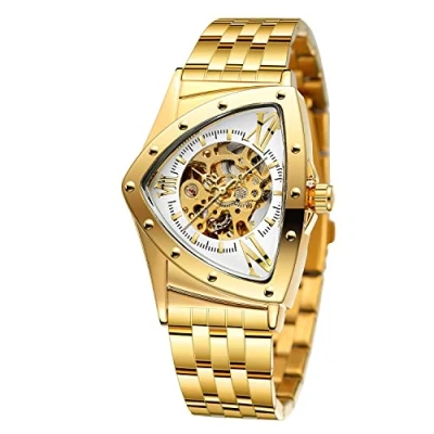 Image of FORSINING Men&#039;s Watch 30M Waterproof Skeleton Hollow Automatic Dazzling Retro Triangle Wrist (Gold and White)