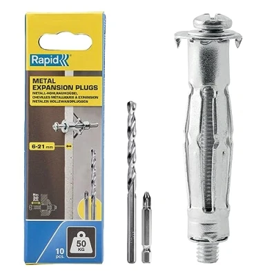 Image of Rapid Hollow Wall Anchors, Pack of 10 Heavy Duty Metal Plasterboard Fixings for 6 21 mm Thickness, 50 kg Load, Cavity Fixings, Plugs, &amp; Chipboard Plugs (5001553)