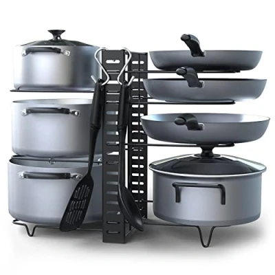 Image of joeji&#039;s Kitchen 8 Tier Pan Rack Space Saving Pot Holder Heavy duty Iron Stand 38x46cm Organiser with 3 DIY Methods of Installation