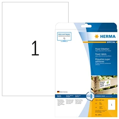 Image of HERMA Extra Strong Adhesive Labels, 1 Label per A4 Sheet, 25 Sheets, 210 x 297 mm, Blank Heavy Duty Labels Stickers, Sticky for Laser &amp; Inkjet Printer, White
