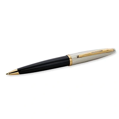 Image of Waterman Carène Deluxe Fountain Pen Gloss Black &amp; Silver Plated with 23k Gold Clip Fine Nib Blue Ink Cartridge Gift Box