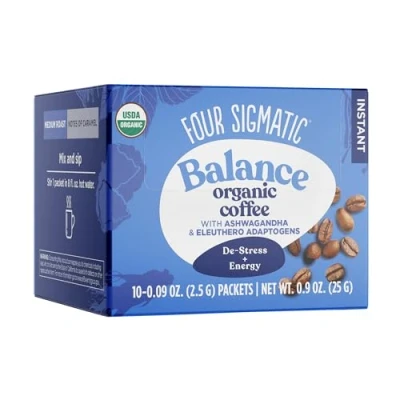 Image of Organic Instant Adaptogen Coffee by Four Sigmatic Medium Roast with Ashwagandha, Chaga, Eleuthero &amp; Tulsi Immune Support Stress Relief Pack of 10